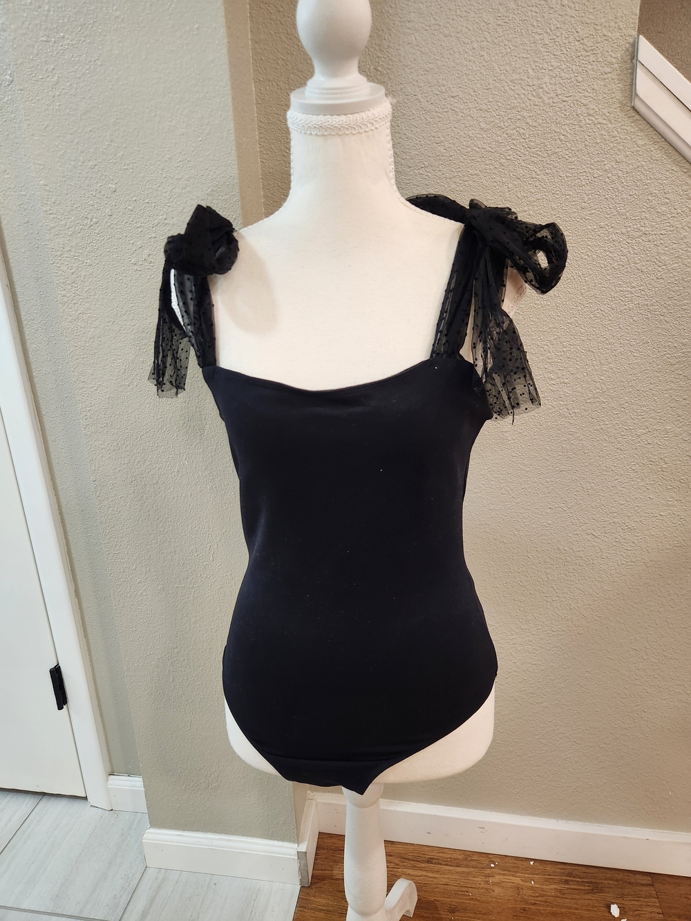 Lulu's Black Tie-Shoulder Mesh Strap Bodysuit